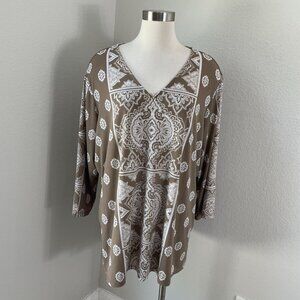 Susan Graver Womens Plus 2X Blouse V Neck Boho Paisley Liquid Knit Stretch Tunic